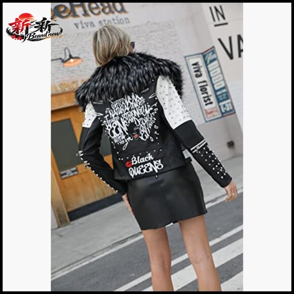 Faux Leather Jacket Studded Rivet Floral Moto Biker Short Lapel Coat - Picture 6 of 7